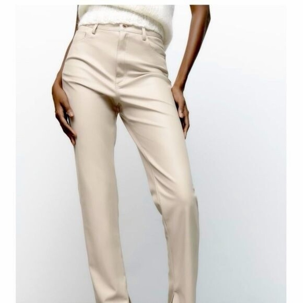 ZARA high rise faux Leather Cream Straight-Leg pants size 02